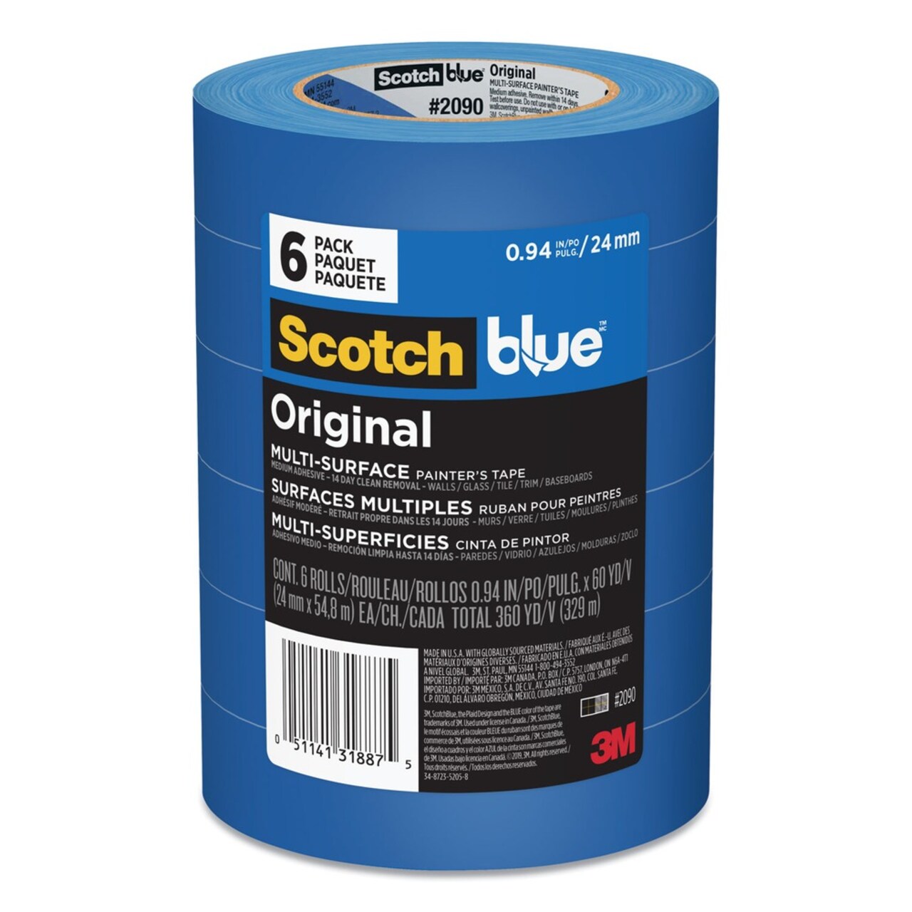 3M 0.94 in. x 60 yds. 3 in. Core Original Multi-Surface Painter's Tape - Blue (6/Pack)